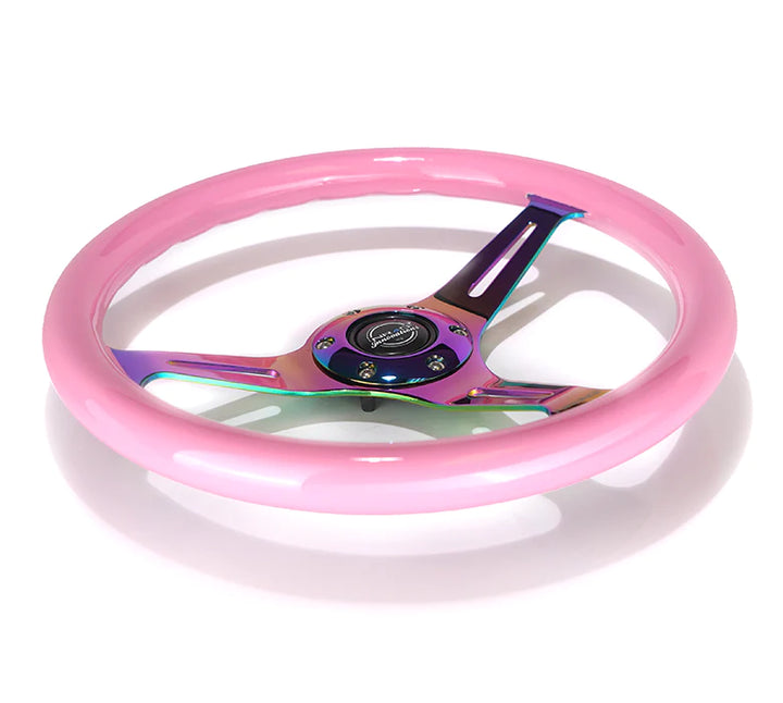 NRG Steering Wheel Wood Grain - 350mm 3 Neochrome spokes - solid pink painted grip