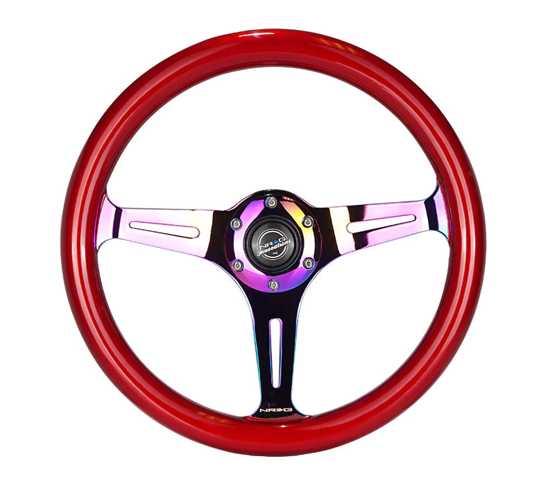 NRG Steering Wheel Wood Grain - 350mm 3 Neochrome spokes - Red grip
