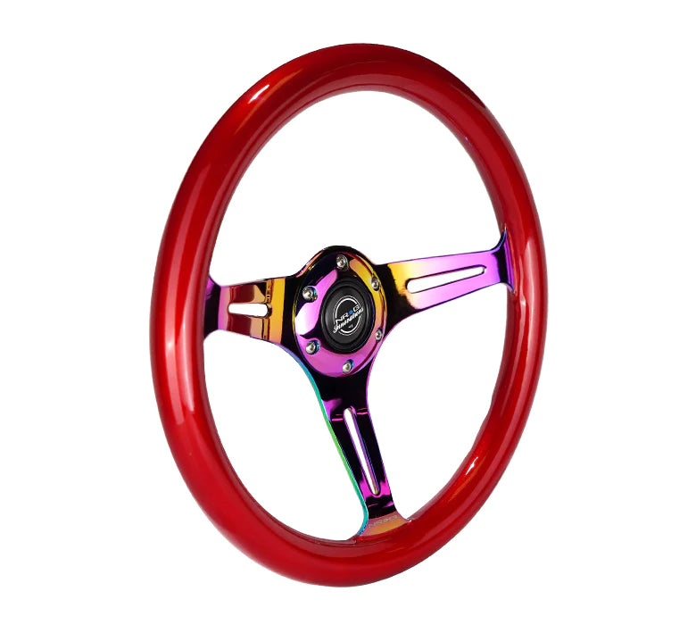 NRG Steering Wheel Wood Grain - 350mm 3 Neochrome spokes - Red grip