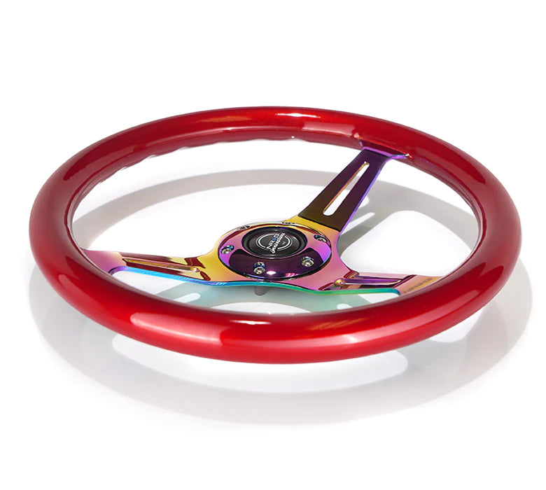 NRG Steering Wheel Wood Grain - 350mm 3 Neochrome spokes - Red grip