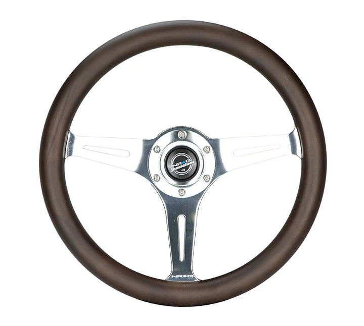 NRG Steering Wheel Wood Grain - 350mm 3 Chrome Silver spokes - Oak color wood