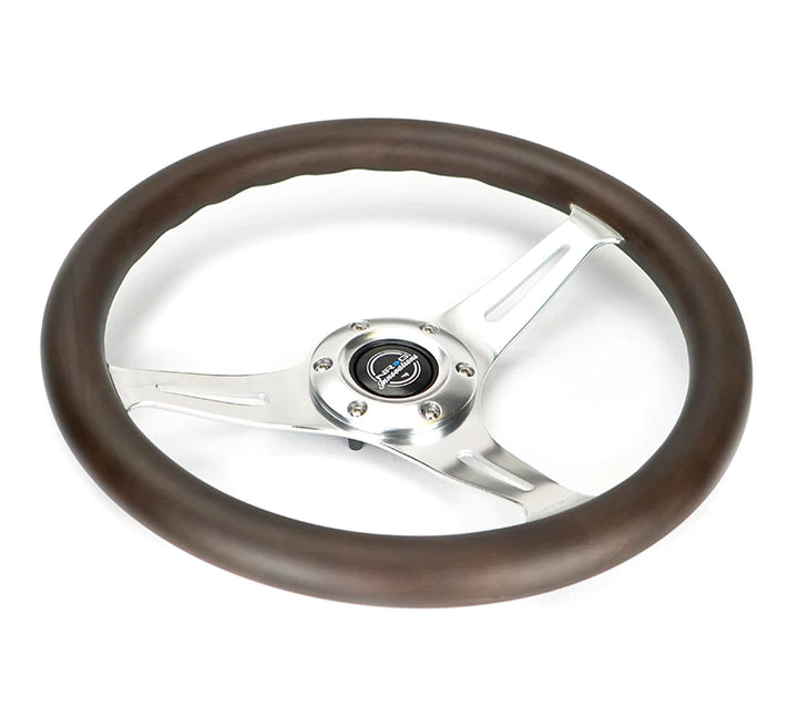 NRG Steering Wheel Wood Grain - 350mm 3 Chrome Silver spokes - Oak color wood