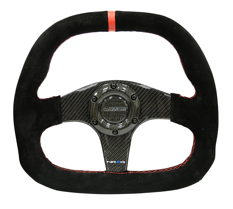 NRG Steering Wheel Carbon Fiber 320mm Black Carbon Fiber Center with Red Stitch Red Center Mark Flat Bottom