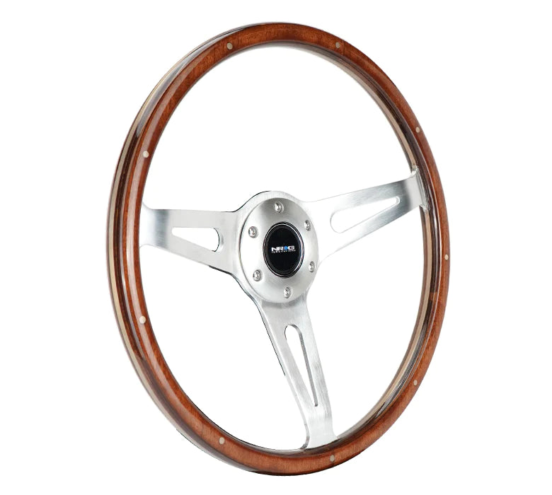 NRG Steering Wheel Wood Grain - 365mm - 3 spoke center in polished aluminum - wood with metal accents