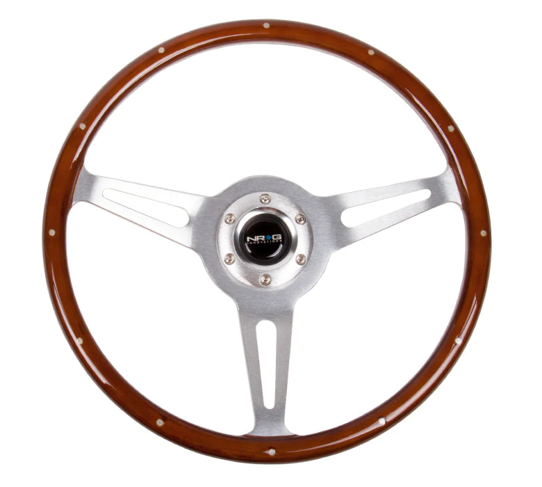 NRG Steering Wheel Wood Grain - Brush aluminum 3 spoke 365mm with metal insert.