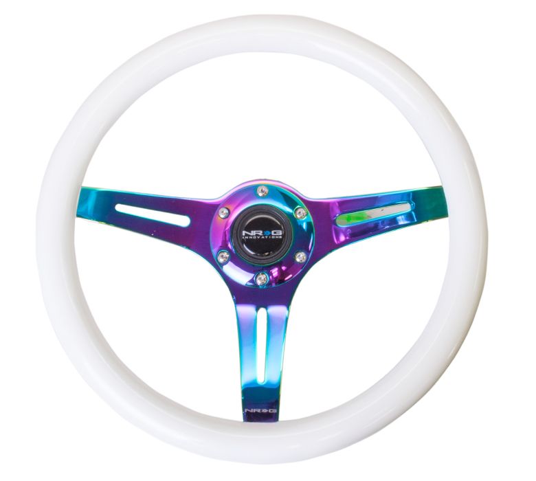 NRG Steering Wheel Wood Grain - 350mm 3 Neochrome spokes - Glow in the dark blue