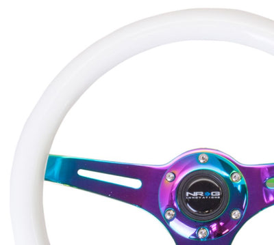 NRG Steering Wheel Wood Grain - 350mm 3 Neochrome spokes - Glow in the dark blue