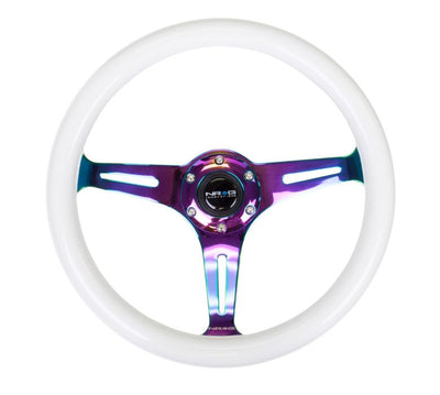 NRG Steering Wheel Wood Grain - 350mm 3 Neochrome spokes - Glow in the dark purple