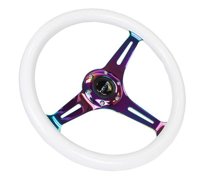 NRG Steering Wheel Wood Grain - 350mm 3 Neochrome spokes - Glow in the dark purple